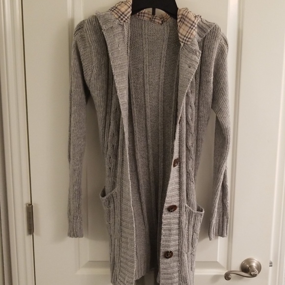 Sweaters - Long grey sweater cardigan with hood